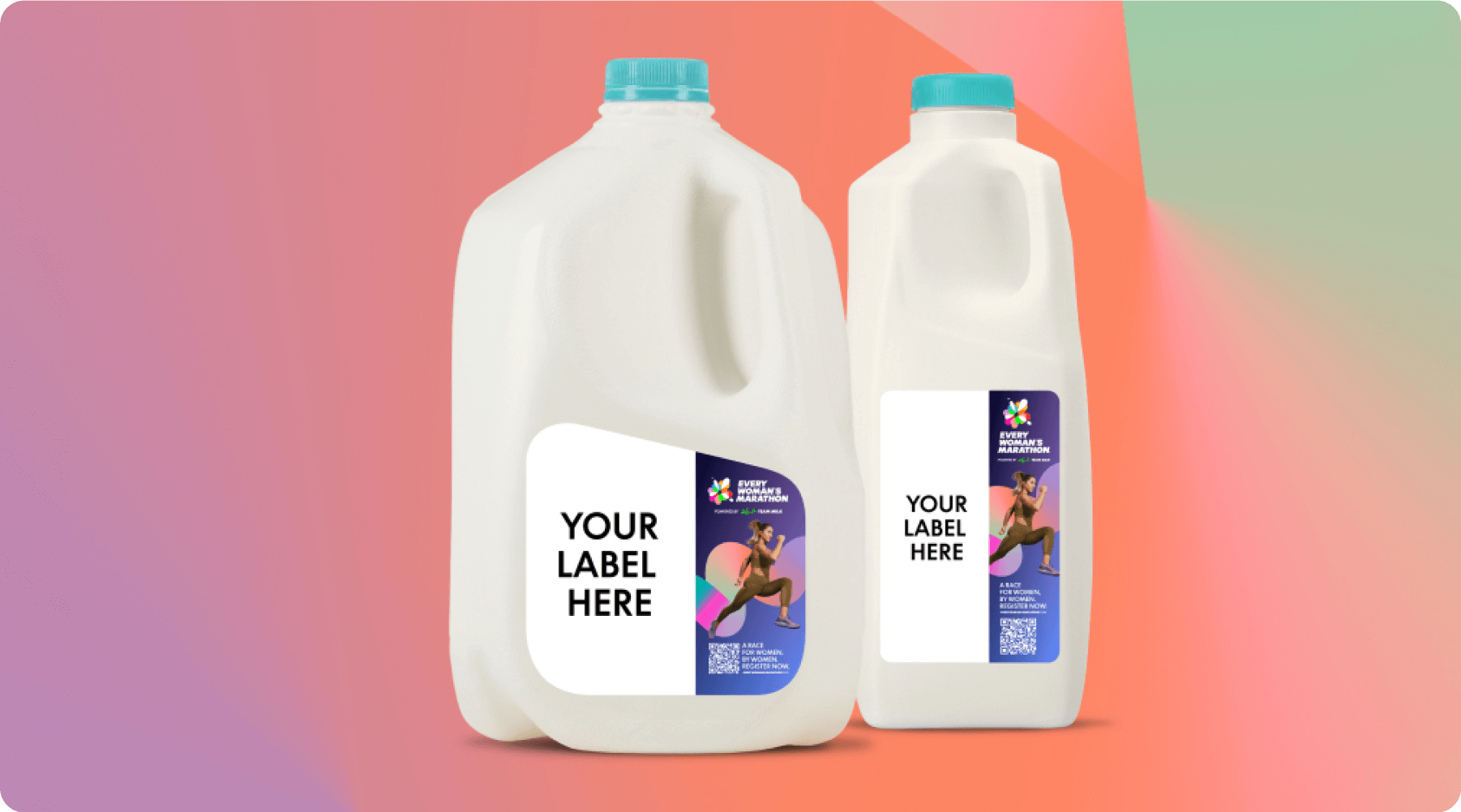 A gallon and half gallon of milk with labels that  say ‘Your label here’.